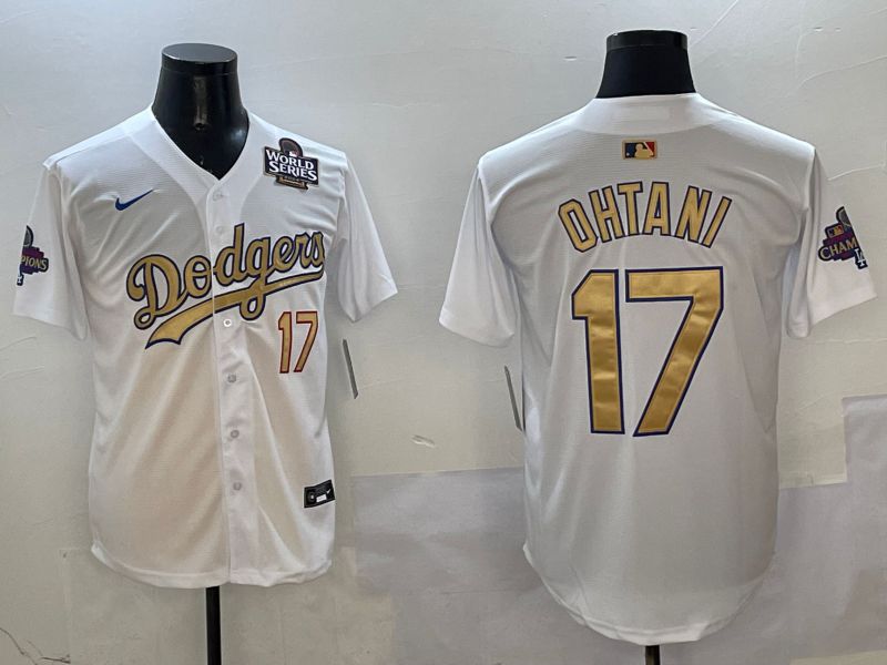 Men Los Angeles Dodgers 17 Ohtani White Champion gold character 2025 Nike MLB Jersey style 3